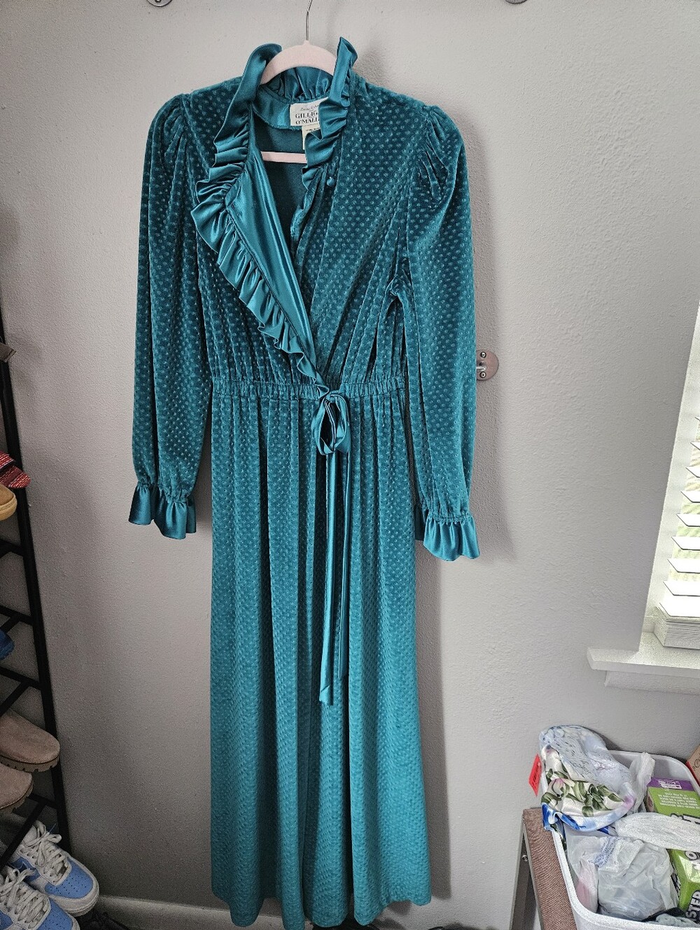 Vintage Coquette Ruffle Velvet Turquoise Nightgown Robe Medium
